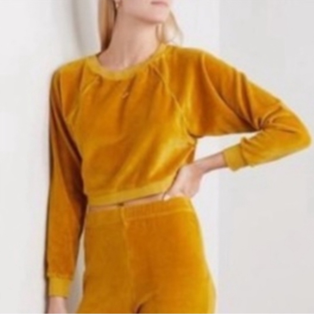 NWT $450 Suzie Kondi Velour Pocket Track Pants / Crop Crew Top in Buckthorn -XS!